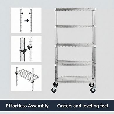 KSIZUIS Heavy Duty 5-Shelf Metal Rack - Adjustable on 4" Industrial Casters, Chrome
