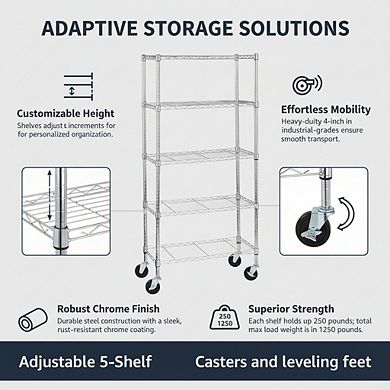 KSIZUIS Heavy Duty 5-Shelf Metal Rack - Adjustable on 4" Industrial Casters, Chrome