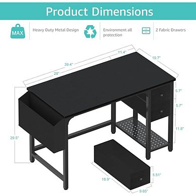 KSIZUIS 40" Reversible Computer Desk with Fabric Drawers - Gaming & Study Table for Small Spaces