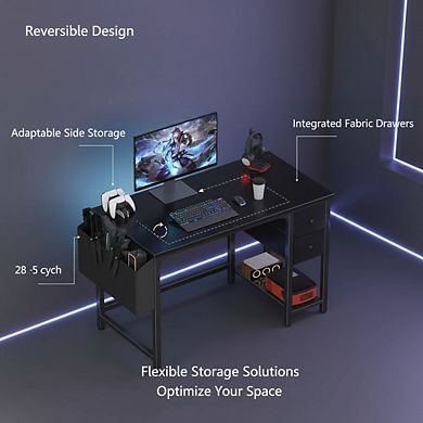 KSIZUIS 40" Reversible Computer Desk with Fabric Drawers - Gaming & Study Table for Small Spaces