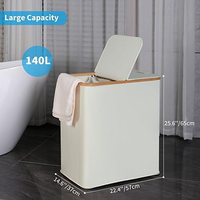 Great Ambitions Double Laundry Hamper with Lid & 2 Bags, 140L Beige Basket for Home Sorting