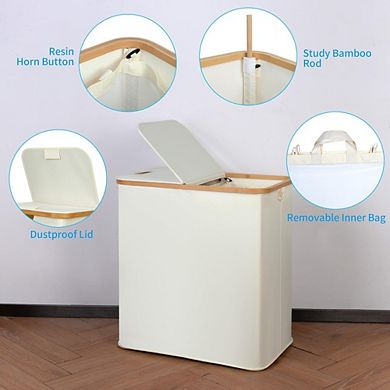 Great Ambitions Double Laundry Hamper with Lid & 2 Bags, 140L Beige Basket for Home Sorting