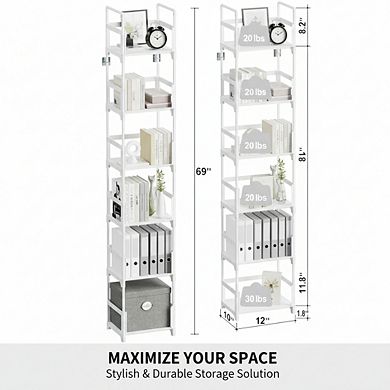 ZUQIETA 6-Tier Narrow Bookshelf, Skinny White Bookcase for Sturdy Slim Storage, Easy Assembly