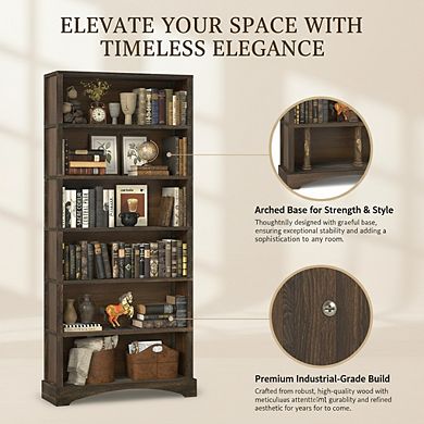 ZUQIETA 6-Tier Farmhouse Bookcase, 77.2" Arched Floor Shelf for Living Room, Study & Office