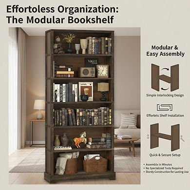ZUQIETA 6-Tier Farmhouse Bookcase, 77.2" Arched Floor Shelf for Living Room, Study & Office