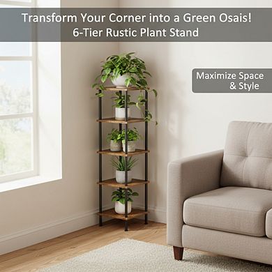 ZUQIETA 6-Tier Corner Square Rack, Tall Plant Stand & Bookcase for Small Spaces, Rustic Brown Black