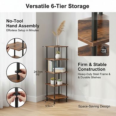 ZUQIETA 6-Tier Corner Square Rack, Tall Plant Stand & Bookcase for Small Spaces, Rustic Brown Black