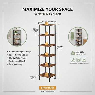 ZUQIETA 6-Tier Corner Square Rack, Tall Plant Stand & Bookcase for Small Spaces, Rustic Brown Black