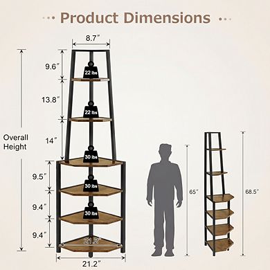 ZUQIETA 6-Tier Corner Shelf, 69" Industrial Metal Frame Plant Stand & Bookcase for Small Spaces