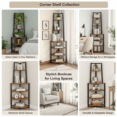 ZUQIETA 6-Tier Corner Shelf, 69" Industrial Metal Frame Plant Stand & Bookcase for Small Spaces