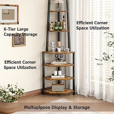 ZUQIETA 6-Tier Corner Shelf, 69" Industrial Metal Frame Plant Stand & Bookcase for Small Spaces