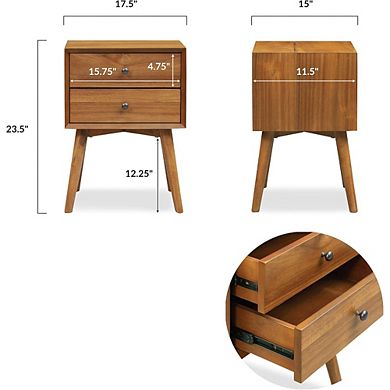 ZUQIETA Dorsey Mid-Century Nightstand - Solid Wood Bedside Table with 2 Drawers, Acorn Walnut
