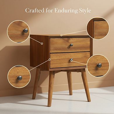 ZUQIETA Dorsey Mid-Century Nightstand - Solid Wood Bedside Table with 2 Drawers, Acorn Walnut