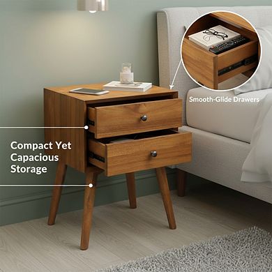 ZUQIETA Dorsey Mid-Century Nightstand - Solid Wood Bedside Table with 2 Drawers, Acorn Walnut