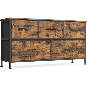ZUQIETA Industrial Fabric Drawer Dresser - 5-Drawer Steel & MDF Unit, Rustic Brown/Black