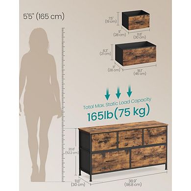 ZUQIETA Industrial Fabric Drawer Dresser - 5-Drawer Steel & MDF Unit, Rustic Brown/Black