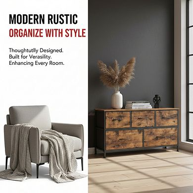 ZUQIETA Industrial Fabric Drawer Dresser - 5-Drawer Steel & MDF Unit, Rustic Brown/Black