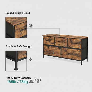 ZUQIETA Industrial Fabric Drawer Dresser - 5-Drawer Steel & MDF Unit, Rustic Brown/Black