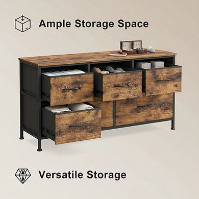 ZUQIETA Industrial Fabric Drawer Dresser - 5-Drawer Steel & MDF Unit, Rustic Brown/Black