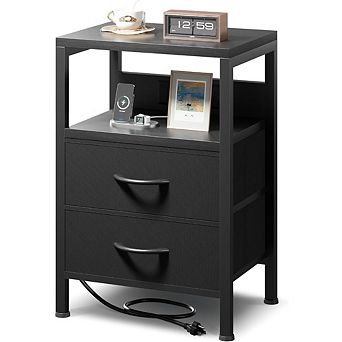 ZUQIETA USB-C Charging Nightstand - Modern Bedside Table with AC Outlet & 2 Fabric Drawers