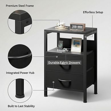 ZUQIETA USB-C Charging Nightstand - Modern Bedside Table with AC Outlet & 2 Fabric Drawers