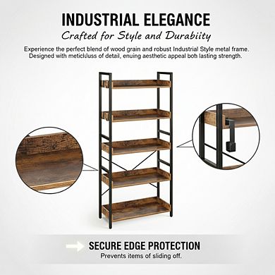 ZUQIETA 5-Tier Industrial Bookcase with 4 Hooks, Vintage Rustic Brown Storage Rack for Living Room