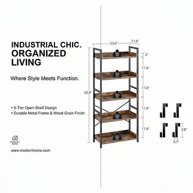 ZUQIETA 5-Tier Industrial Bookcase with 4 Hooks, Vintage Rustic Brown Storage Rack for Living Room