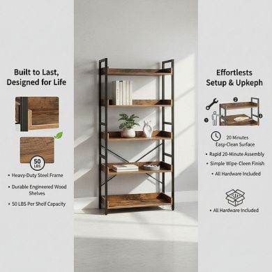 ZUQIETA 5-Tier Industrial Bookcase with 4 Hooks, Vintage Rustic Brown Storage Rack for Living Room