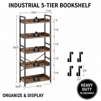 ZUQIETA 5-Tier Industrial Bookcase with 4 Hooks, Vintage Rustic Brown Storage Rack for Living Room