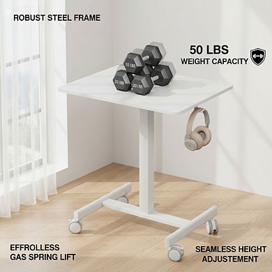 KSIZUIS Gas Spring Mobile Standing Desk - Locking Wheels, 25.5"x17.8" Portable Workstation, White