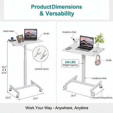 KSIZUIS Gas Spring Mobile Standing Desk - Locking Wheels, 25.5"x17.8" Portable Workstation, White