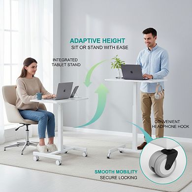 KSIZUIS Gas Spring Mobile Standing Desk - Locking Wheels, 25.5"x17.8" Portable Workstation, White