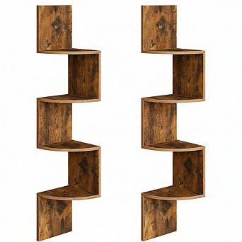 ZUQIETA 2 Wall-Mounted Corner Shelves, 4 tier Floating Bookcase for Living Room & Bathroom, Rustic