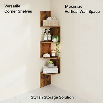 ZUQIETA 2 Wall-Mounted Corner Shelves, 4-Tier Floating Bookcase for Living Room & Bathroom, Rustic