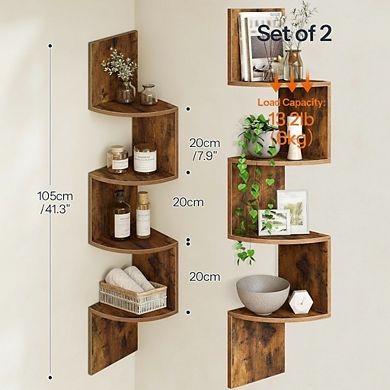 ZUQIETA 2 Wall-Mounted Corner Shelves, 4-Tier Floating Bookcase for Living Room & Bathroom, Rustic