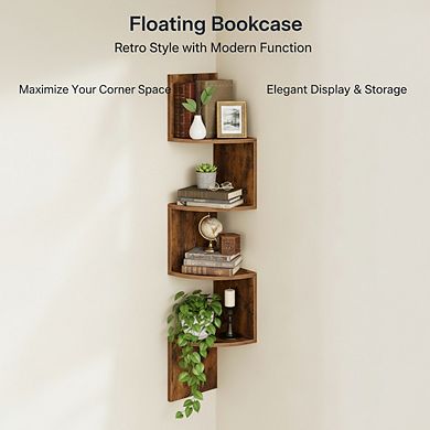 ZUQIETA 2 Wall-Mounted Corner Shelves, 4-Tier Floating Bookcase for Living Room & Bathroom, Rustic