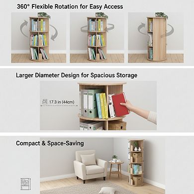 ZUQIETA 4-Tier 360° Rotating Solid Wood Bookshelf, Floor Standing Display Organizer for Kids & Adult