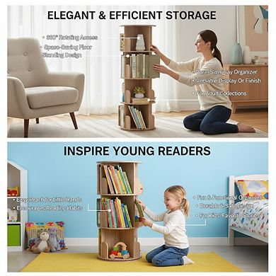 ZUQIETA 4-Tier 360° Rotating Solid Wood Bookshelf, Floor Standing Display Organizer for Kids & Adult