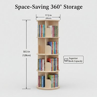 ZUQIETA 4-Tier 360° Rotating Solid Wood Bookshelf, Floor Standing Display Organizer for Kids & Adult