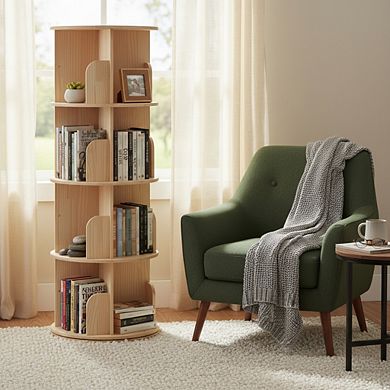 ZUQIETA 4-Tier 360° Rotating Solid Wood Bookshelf, Floor Standing Display Organizer for Kids & Adult