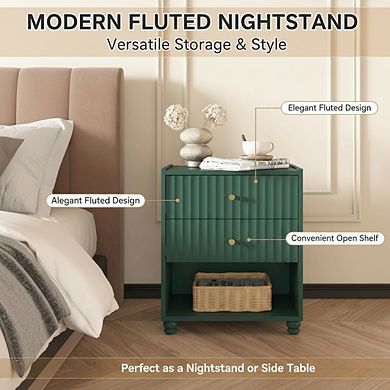 ZUQIETA Modern Fluted Nightstand Set of 2 with 2 Drawers & Open Shelf, Green