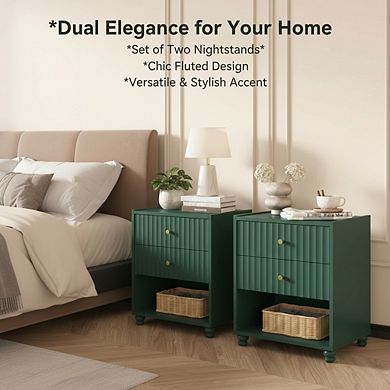 ZUQIETA Modern Fluted Nightstand Set of 2 with 2 Drawers & Open Shelf, Green