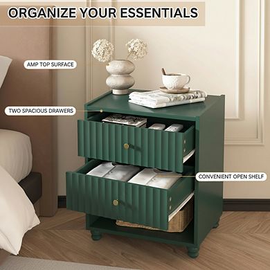 ZUQIETA Modern Fluted Nightstand Set of 2 with 2 Drawers & Open Shelf, Green