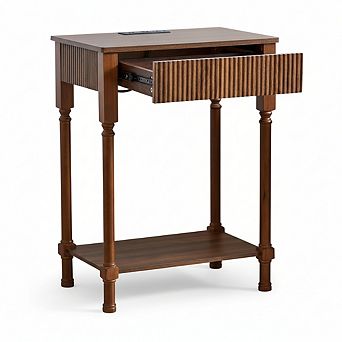 ZUQIETA Fluted Nightstand with Charging Station & Drawer,Large Mid-Century Modern Walnut End Table
