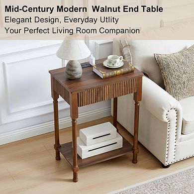 ZUQIETA Fluted Nightstand with Charging Station & Drawer,Large Mid-Century Modern Walnut End Table