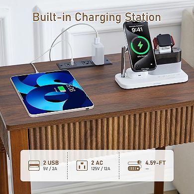 ZUQIETA Fluted Nightstand with Charging Station & Drawer,Large Mid-Century Modern Walnut End Table