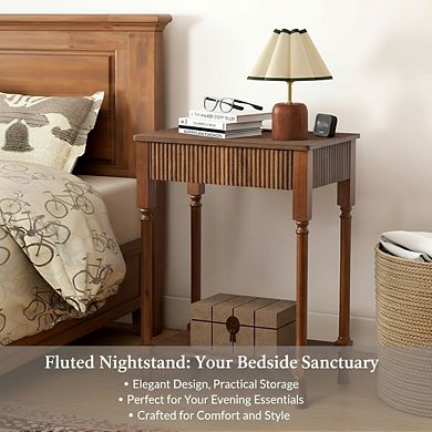 ZUQIETA Fluted Nightstand with Charging Station & Drawer,Large Mid-Century Modern Walnut End Table