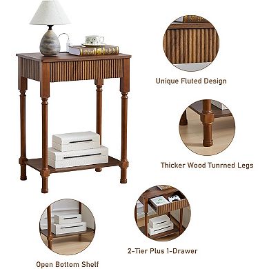 ZUQIETA Fluted Nightstand with Charging Station & Drawer,Large Mid-Century Modern Walnut End Table