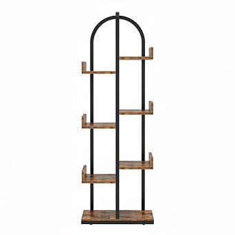 ZUQIETA 6 tier Curved Corner Bookcase with Anti-Tip Kit, Adjustable Staggered Shelves, Rustic Brown