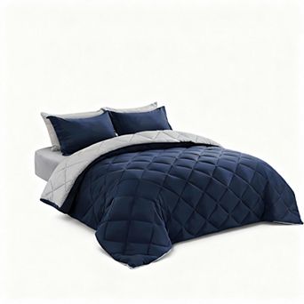 Queen Size Reversible Comforter Set with Box Stitching & 7 pc